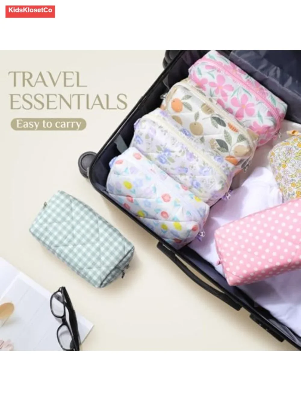 Set of 10 Floral Quilted Cotton Makeup Bags with Zipper Travel Cosmetic